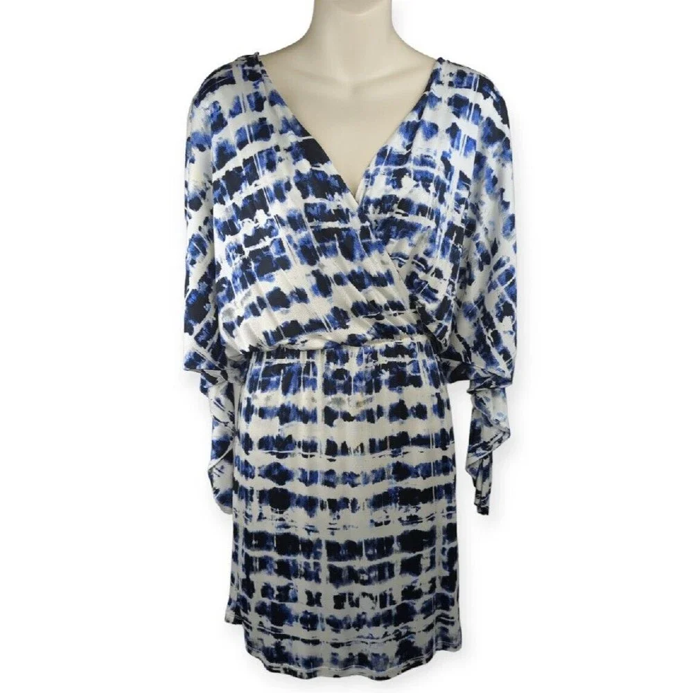 PARKER Blouson Dress Stretch Drape Faux Wrap Watercolor Blue Dolman Sleeve M L - Picture 1 of 6